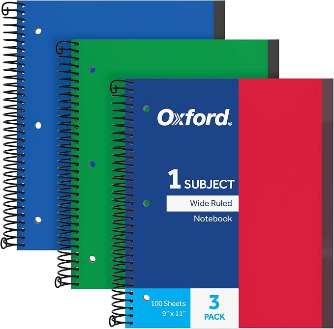 Oxford Spiral Notebook, 1 Subject, Wide Rule Journal, Durable Plastic Covers, 1 Pocket, 8.5 x 11 Inches, 100 Sheets, Red, Green, Blue (89802) (Pack of 24)