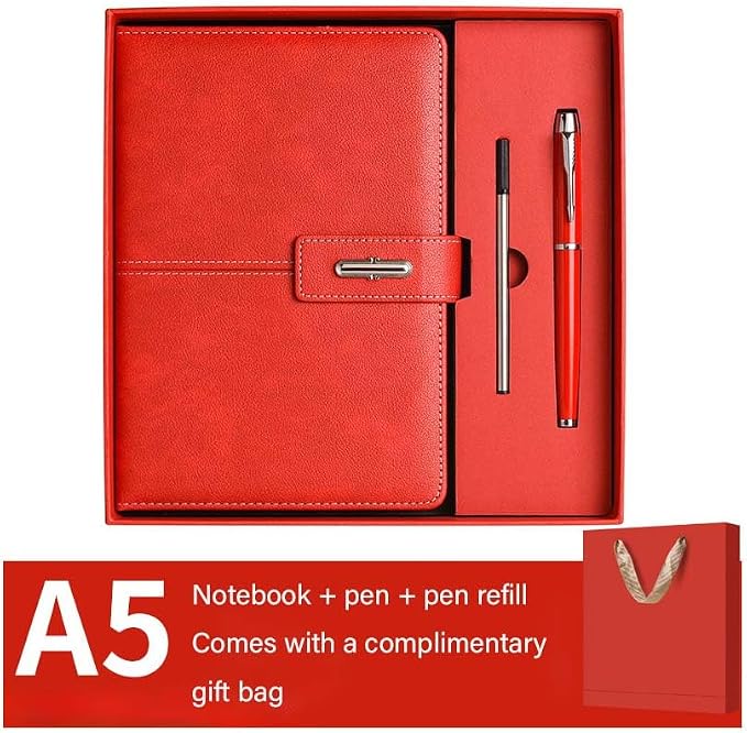A5 Notebook Journal Leather Journal Hardcover With Pen Set for Work School Writing Business Notebook 200 pages + pen refill + gift box packaging(Red)