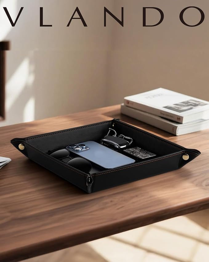 VLANDO Valet Tray, Foldable PU Leather Catchall Tray, Black | Valet Tray for Men, Nightstand, Dresser, Desk, Entryway and Travel Organizer for Keys, Wallet, Watch, Phone, Glasses and EDC