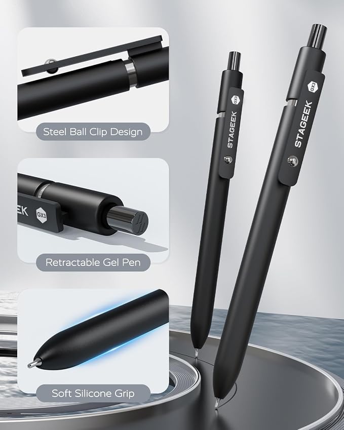 STAGEEK Black Gel Pens GX3, 12Pcs Fine Point Smooth Writing Pens with 3 Extra Refills, Quick Dry Black Ink Pens for Journaling, Office, Note Taking, School Supplies, Nurse Aesthetic(Black)