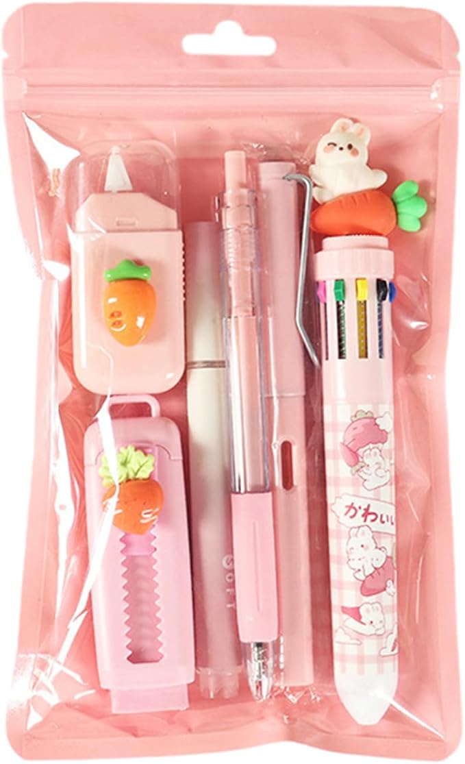 MOZXIRZ 6 Pcs Cute Rabbit Carrot Stationery Set for Women Back to School Supplies Office Supplies Including Gel Ink Pens Ballpoint Pens Pencil Eraser (Carrot)