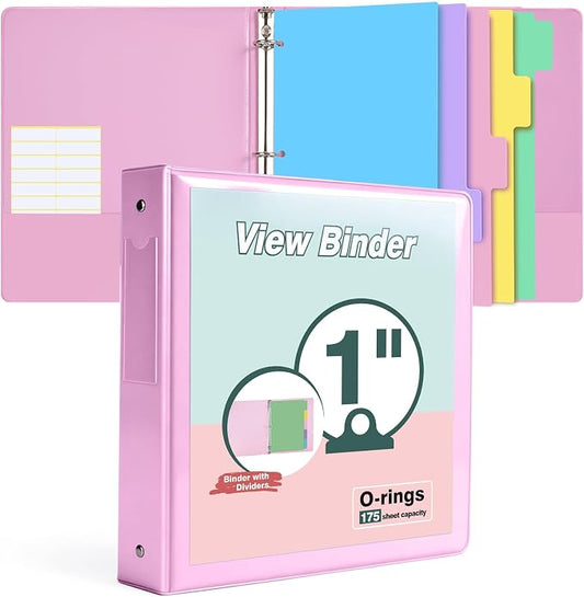 3 Ring Binder 1 inch，Cute Binder Organizer with 5 Tab Dividers Fits 175 Sheets of 8.5x11 Paper, Customizable Clear Cover with Inside Pockets, Aesthetic 1" Three Ring Binders for School Office，Pink
