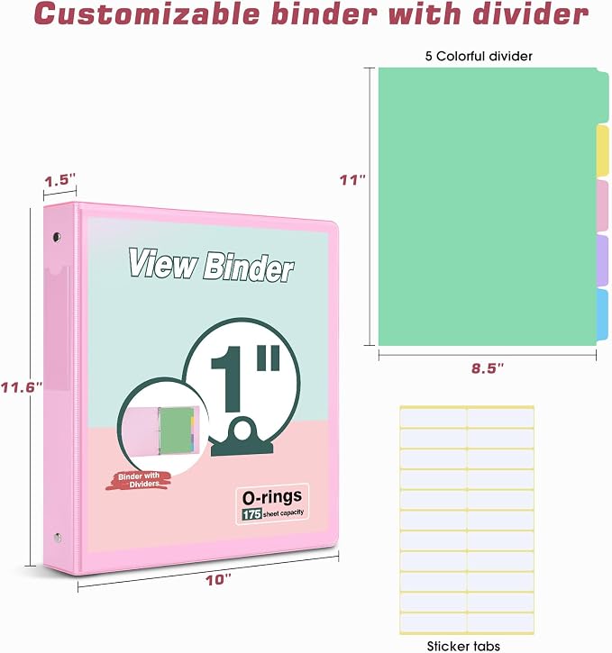 3 Ring Binder 1 inch，Cute Binder Organizer with 5 Tab Dividers Fits 175 Sheets of 8.5x11 Paper, Customizable Clear Cover with Inside Pockets, Aesthetic 1" Three Ring Binders for School Office，Pink