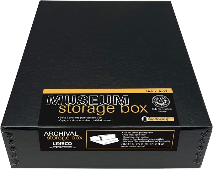 Lineco Museum Archival Storage Box, Drop Front, 9.75x12.75x3 in, Black | Acid-Free with Metal Edge, Preserves Picture Longevity, Organize Photos, Newspapers, Prints, Documents, Crafts, DIY