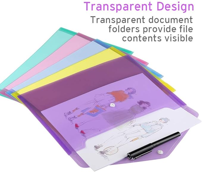 Sooez 6 Pack Folders Plastic Envelopes, Clear Plastic File Folder for Document, Letter A4 Size Poly File Envelopes with Label Pocket, Snap Button for Home Work Office Organizer, 6 Colors