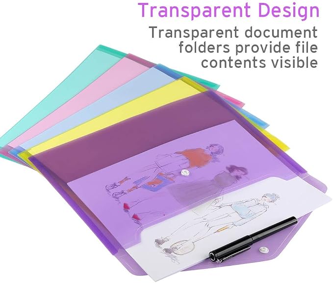 Sooez 28 Pack Folders Plastic Envelopes, Clear Plastic File Folder for Document, Letter A4 Size Poly File Envelopes with Label Pocket, Snap Button for Home Work Office Organizer, 9 Assorted Colors