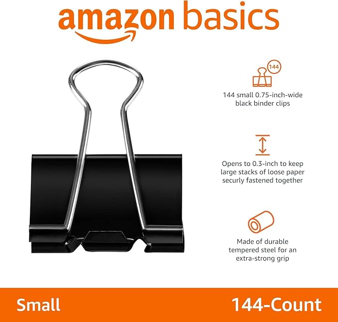 Amazon Basics Sturdy Binder Clips, Office Supplies, Small 0.75 in, Document Organizing, School Supplies, Black, 144 Count (Pack of 12)