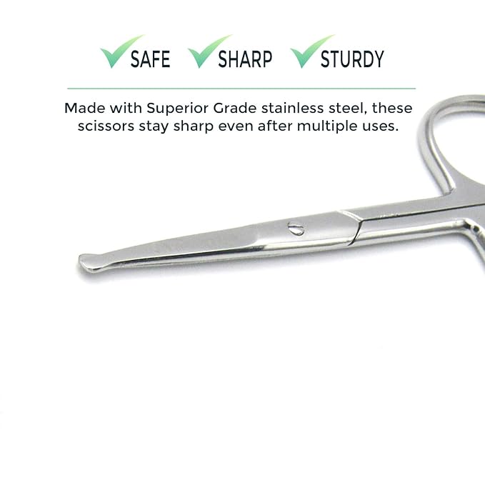 Rounded Stainless Steel Small Facial Hair Scissors, 3.7 Inches - Rounded Tip Scissors for Nose Hair, Mustache, Beard, Eyebrows, Eyelashes & Baby Nails