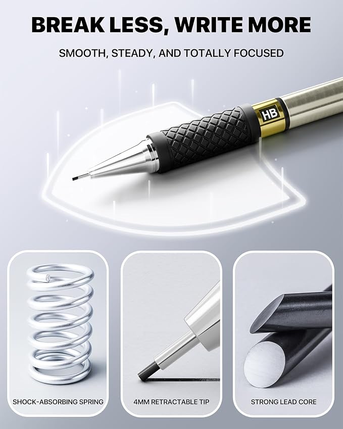 Metal Mechanical Pencil Set, 0.5/0.7/0.9mm, 3-Pack with Storage Case | 360 Leads, 3 Erasers+9 Refills, Non-Slip Grips, For School Writing, Sketching, Art Drawing & Professional Drafting