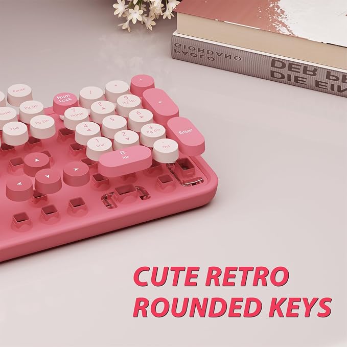 Colorful Wireless Keyboard and Mouse for PC Laptop | Cute Colorful Typewriter Retro Round Keyboard and mouse for PC Laptop