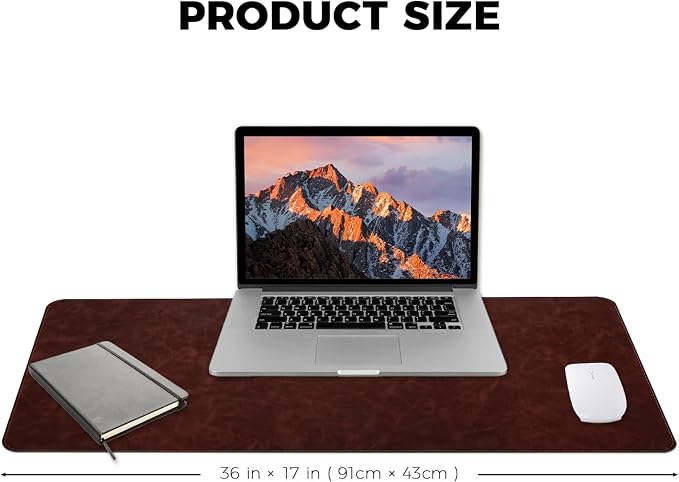 CHEERYGOO Leather Desk Pad Protector, Mouse Pad, Office Desk Mat, Non-Slip PU Leather Desk Blotter, Laptop Desk Pad, Waterproof Desk Writing Pad for Office and Home 36"x17" XL Reddish Brown