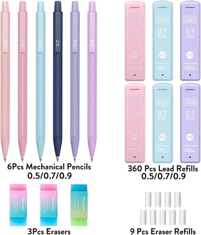 Four Candies Cute Pastel Mechanical Pencil Set, 6-Pack, 3 Sizes Included | 0.5/0.7/0.9mm, 360 HB Leads, 3 Erasers, 9 Eraser Refills, Storage Case, Aesthetic School Supplies for Girls Writing & Drawing