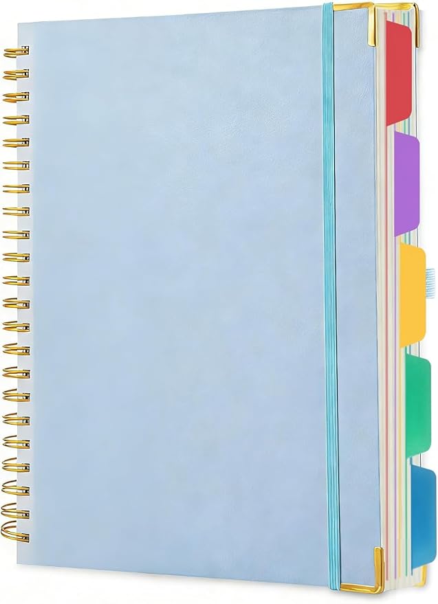 VANRTTO 5 Subjects Hardcover Spiral Notebook College Ruled Lined B5 Blue | Hardcover 8.0x10 IN Spiral Notebook With Removable Tab Dividers, 110 GSM Paper Notebooks for Work, 300 Pages B5 Notebooks