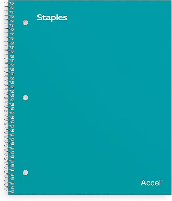 STAPLES Accel 1‑Subject Notebook, 8.5” x 11”, College Ruled, 100 Sheets, Teal, 3‑Pack
