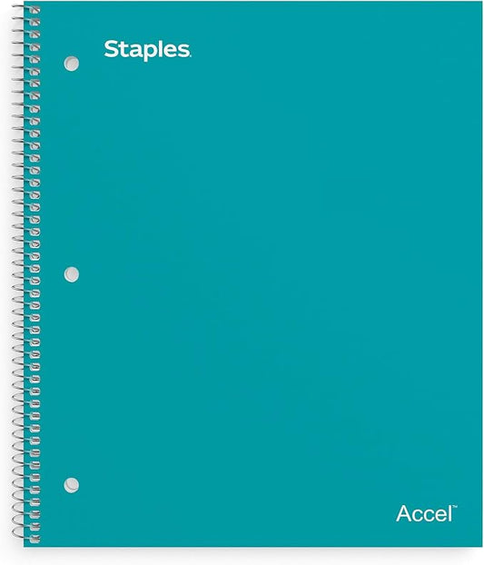 STAPLES Accel 1‑Subject Notebook, 8.5” x 11”, College Ruled, 100 Sheets, Teal, 3‑Pack