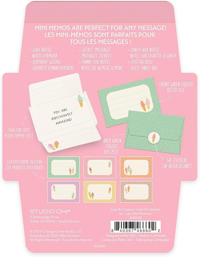 Studio Oh! Blank Mini Note Cards with Sticker Seals, 48 Tear-Off Foldable Memos, Tiny Envelope Notes, 6 Designs, 54 Stickers for All Occasion, Thanks, Party Invitations, Cool and Creamy