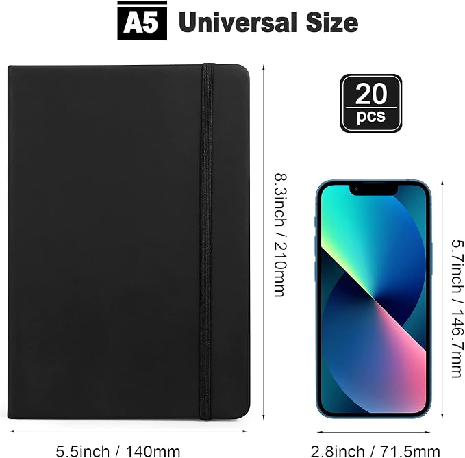 Honoson 20 Pack A5 Lined Journal Notebooks Hardcover Executive Notebook 5.5" x 8.3" PU Leather Wide Ruled Journals Bulk 160 Pages for Back to School Supplies Office Business Home (Black)