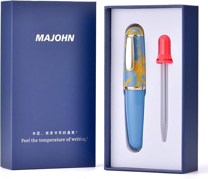 Lanxivi Majohn Q1 Fountain Pen Medium Nib Sky Blue Acrylic, Little Fat Man Eyedropper Filling Pocket Pen Large Capacity