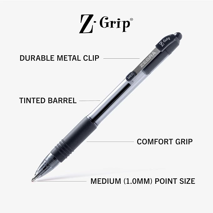 Zebra Pen Z-Grip Retractable Ballpoint Pen, Smooth-Flowing Black Ink, 1.0mm Medium Point, School & Office Supplies, Ideal for Note-Taking, Journal and Planner Use, 24-Pack (12221)