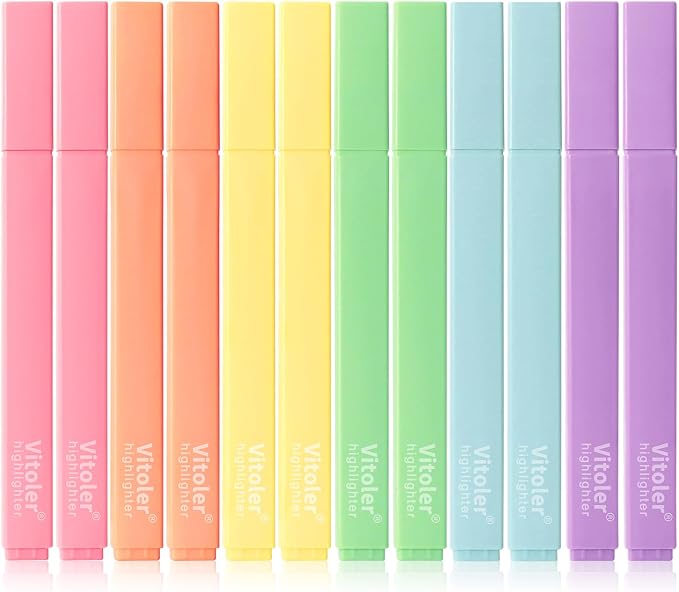 Piochoo Aesthetic Highlighters,12pcs Chisel Tip Highlighter, Pastel Candy Colors, Cute Assorted Colors Highlighter, Bible Highlighters and Pens No Bleed for Bible Pages