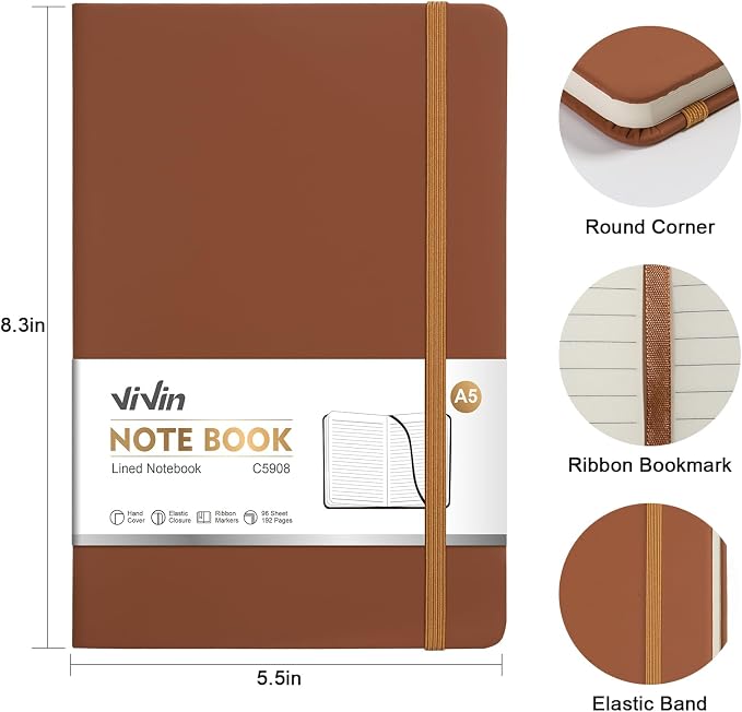ViVin Lined Journal Notebooks for Work, 192 Pages, Medium 5.5 x 8.3 inch, College Ruled, A5 Hardcover Journaling Notebooks for Writing，Brown，1 Pack