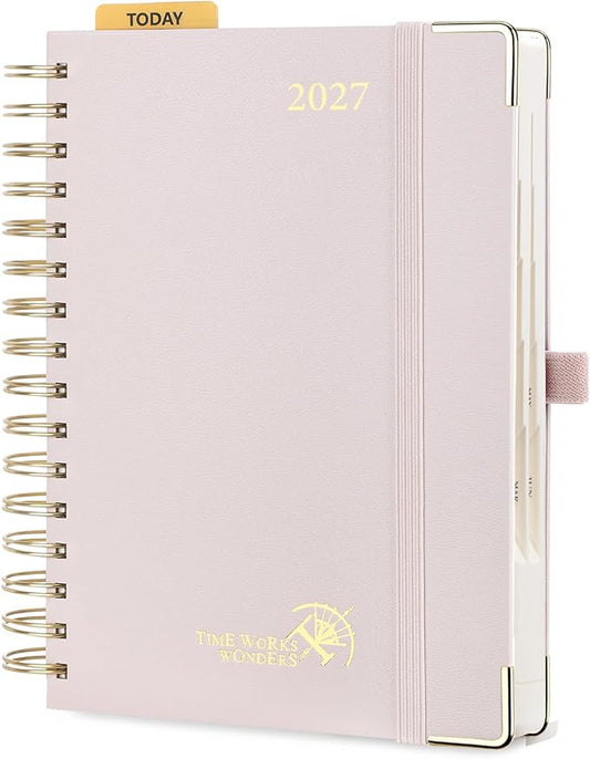 POPRUN 2027 Daily Planner One Page Per Day, 5.75" x 8.5", Calendar Book from Jan 2027 - Dec 2027, Hardcover Appointment Book with Hourly Time Slots, Spiral Bound, Monthly Tabs - Light Pink