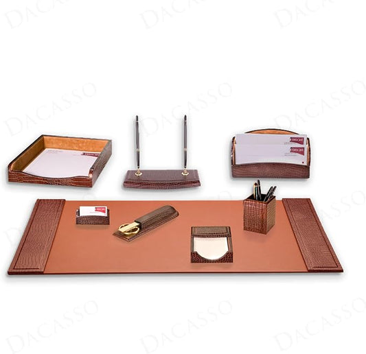 Dacasso Brown Crocodile Embossed Leather Luxury 8 Piece Desk Set - Blotter Pad & Desk Mat Organization Essentials - Executive Decor and Surface Protector