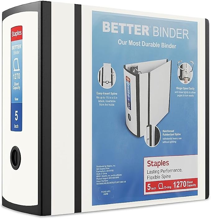 Staples Better Binder, 5" Extra‑Capacity Heavy‑Duty D‑Ring Binder, White, Reinforced Spine, Holds 1,050 Sheets, High‑Capacity Organizer for Office & Records, 2‑Pack