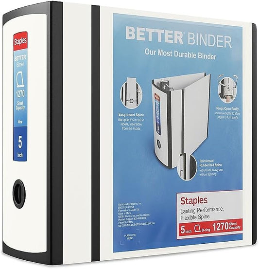 Staples Better Binder, 5" Extra‑Capacity Heavy‑Duty D‑Ring Binder, White, Reinforced Spine, Holds 1,050 Sheets, High‑Capacity Organizer for Office & Records, 2‑Pack