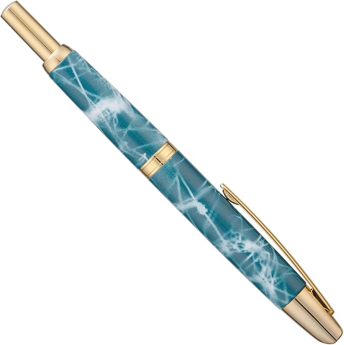 Jinhao 10 Press Fountain Pen with Box, Marble Blue Retractable Extra Fine Nib with Ink Converter Set (Golden Clip)