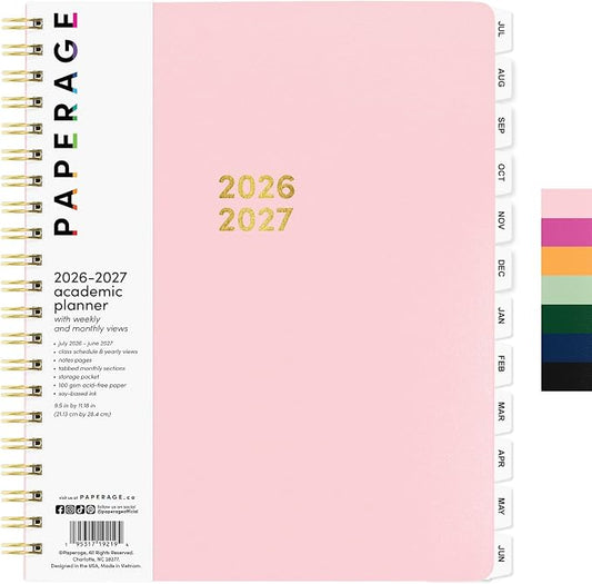 PAPERAGE Academic Planner, Weekly & Monthly Planner & Calendar, 12-Months, July 2026 - June 2027, (9.5" x 11"), School & Student Planning Agenda with Tabs, Bonus Pages & Inner Pocket, Pink