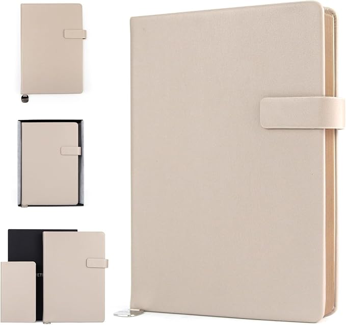 A5 Hard Cover Lined Notebook, Pen Holder & Gold Edges, 180° Lay Flat Journal, Large 5.7 x 8.4 in, Bookmark & Gift Box, Business Notebook for Work, Study, Travel(Light Coffee)