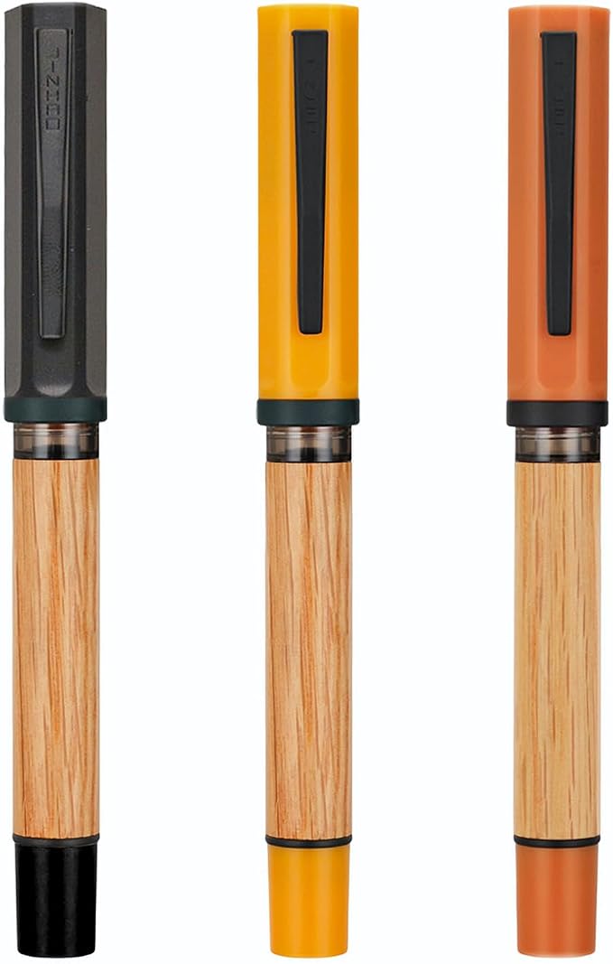 Jinhao 58 Natural Oak Wood Fountain Pen Set, 3-Pack (Ebony/Turmeric/Orange) | Value 3-pack curated wood pens with protective felt pouch & ink converters. Perfect elegant gift for office & journaling.