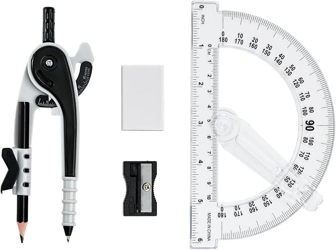 Vobou Compass and Protractor Set, 6 Inch Protractor with Swing Arm (Black) | Compasses for Math for Drafting, Sharpener, Eraser and 180 Degree 6 Inch Clear Protractor, Easy Grip, School Supplies