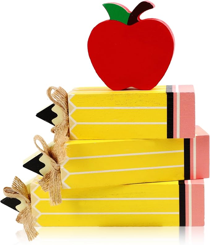 Fangoo 4Pcs Back to School Table Decorations Wooden Pencil Block Stack Sign Red Apple Table Centerpieces First Day of School Tiered Tray Gifts Decor for Home Classroom Teacher Desk Shelf Mantel