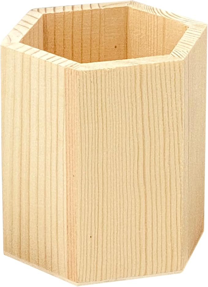Cregugua 12 Pieces 4 Inch Wooden Pen Holder Hexagon shaped Unfinished Wood Pencil Holder for DIY Crafts (3x3x4 Inches)