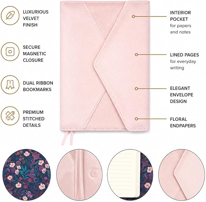 WORLD TRAVELER Eccolo Lined Journal Notebook, Velvet Hardcover, 256 Ruled Pages of Acid-Free Ivory Color Paper, Magnetic Flap Closure, 3 Bookmarks, Size 6X8, 6X8 Pink | Ivory Acid-Free Ruled Paper, 3 Sewn-In Bookmarks, Lay-Flat Design, Stitched Spine, ...