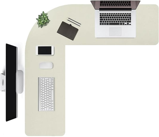 L Shaped Gaming Desk Mat Mouse Pad, Beige, 44"x44"x12" | PU Leather Corner Desk Mat Blotter, Waterproof Desktop Protector for Computer Keyboard Home Office