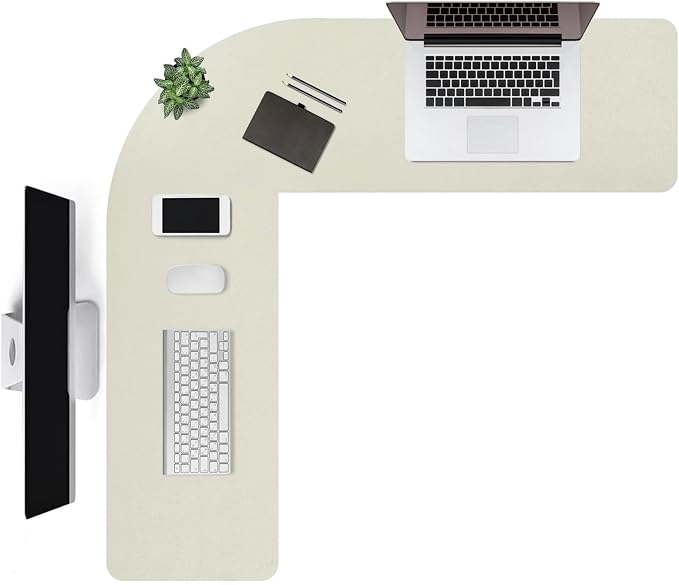 L Shaped Gaming Desk Mat Mouse Pad, Beige, 48"x48"x16" | PU Leather Corner Desk Mat Blotter, Waterproof Desktop Protector for Computer Keyboard Home Office
