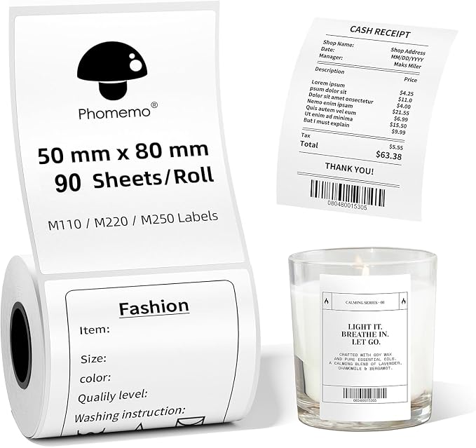 [90 pcs] Phomemo Labels M110, 1.97''x3.15'' (50x80mm) | for M110/M220/M100/M221/M250 Label Printer,Removable Adhesive Thermal Label for Clothing, Logo, Ingredient, Barcode, Address