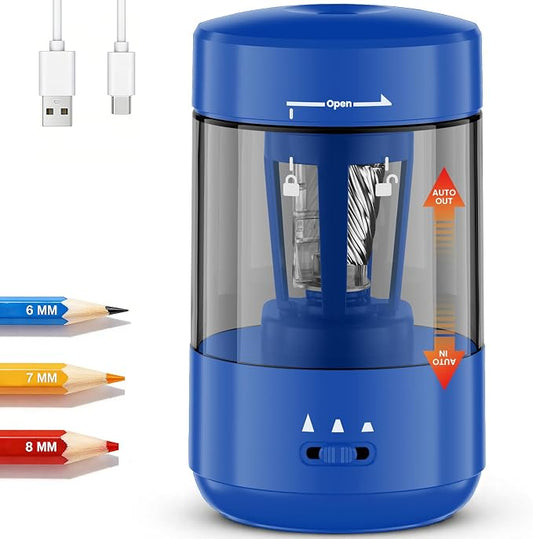 Electric Pencil Sharpener for Classroom, Fully Automatic Pencil Sharpener for 6-8mm Pencils & Colored Pencils, Auto in & Out Type-C Rechargeable Pencil Sharpeners for Home, School, Dark Blue