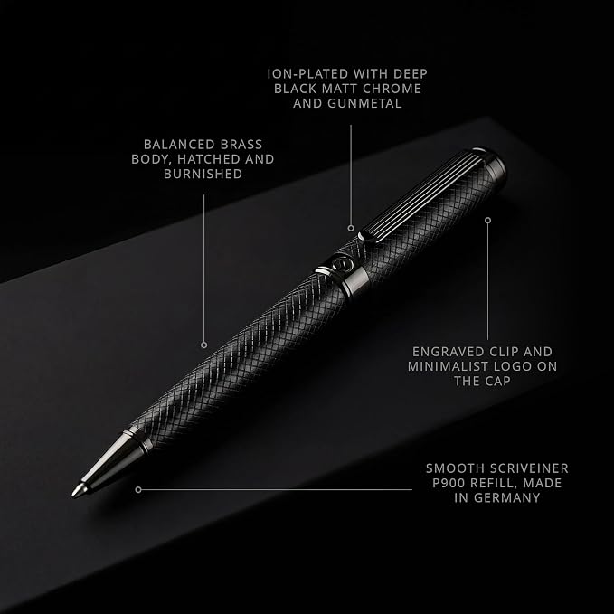 Scriveiner All Black Ballpoint Pen -Stunning Luxury All Metal Matt Black Pen, Schmidt Black Refill, Best Gift Set for Men & Women, Professional Executive Office, Nice Fancy Designer Pens