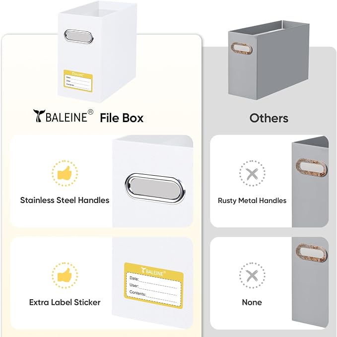 BALEINE File Organizer Box, Cardboard File Folder Organizer with Handle for Letter Size, Portable Collapsible Hanging Filing Box for Home Office Document Storage (8 Pack, White)