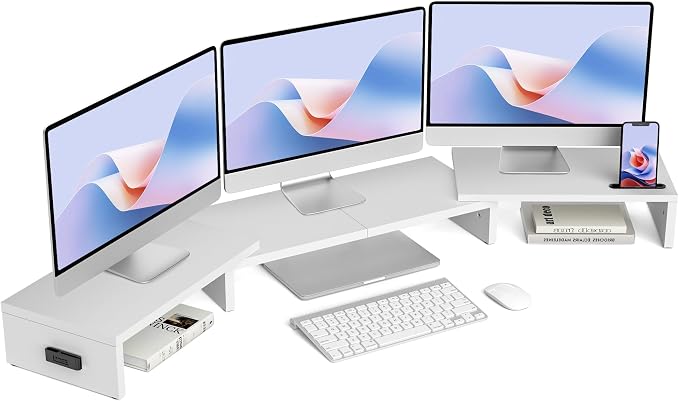 BONTEC Triple Monitor Stand Riser with Smartphone Holder, Adjustable Length & Swivel Angle, Ergonomic Wooden Desktop Organizer for PC Monitor, Laptop, Printer, Large Storage, 53.3 in, White