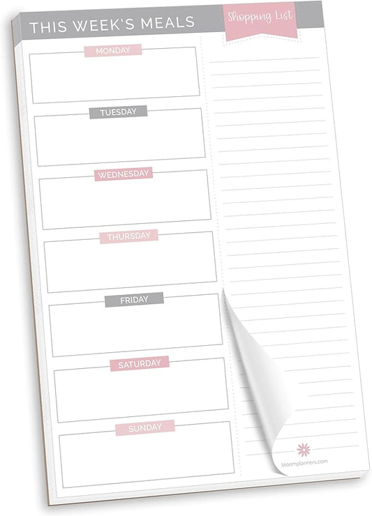 bloom daily planners Weekly Meal Planning Pad - Magnetic Hanging Refrigerator Menu Planner with Tear-Off Sheets & Perforated Grocery Shopping Lists - 6” x 9” (Grey & Pink)
