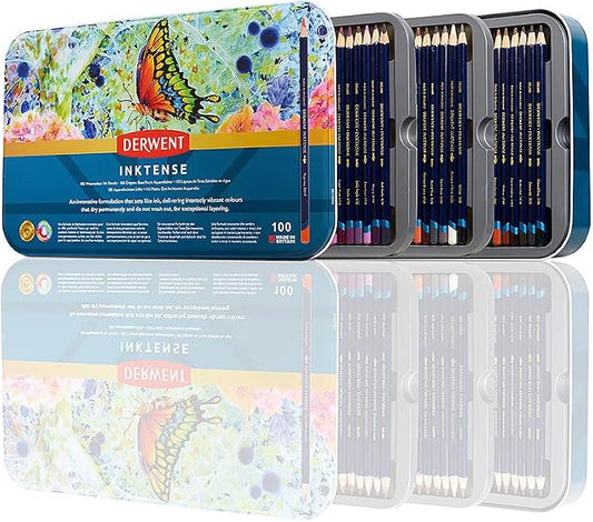 Derwent Inktense Pencils Art Set, 100 Permanent Watercolor Pencils Set in Tin, Premium Colored Pencils for Adults, Water-Soluble Indelible Pencil Collection, 4mm Core, Professional Quality