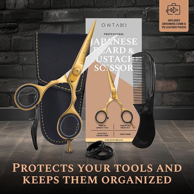 Ontaki Beard & Mustache Scissors for Men - 5.5" Japanese Steel, Gold Brass | Precision Sharp Blades, Ergonomic Finger Rest & Adjustable Tension Screw for Perfect Trimming - Beard Grooming Scissors