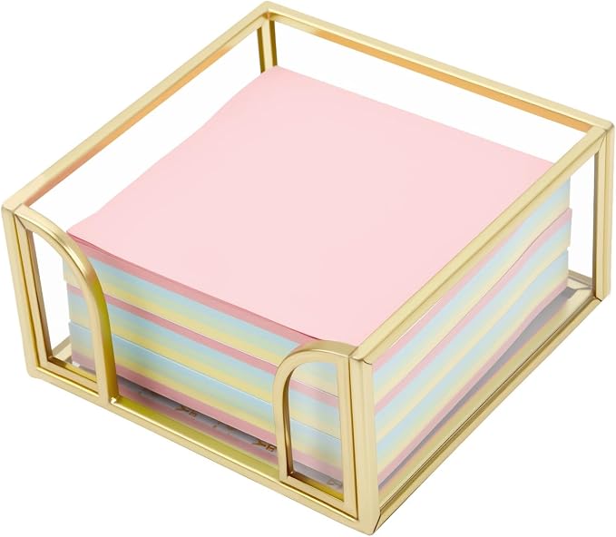Glass Sticky Note Holder, Gold Post It Note Dispenser for Desk,3 x 3 Inch Post It Note Holder,Stylish Sticky Note Dispenser for Home Office Desk