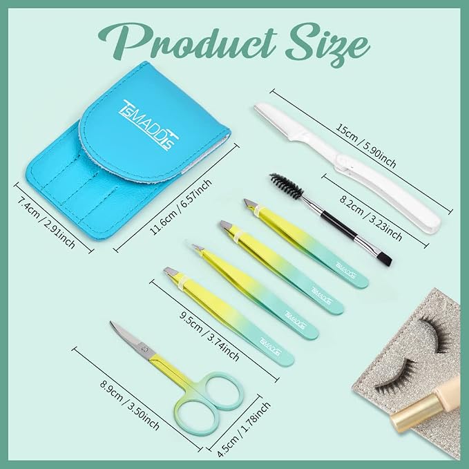 TsMADDTs 7 pcs Tweezers Set for Women Facial Hair, Precision Tweezer for Eyebrows with Curved Scissor and Eyebrow Razor for Ingrown Hair, Yellow&Green