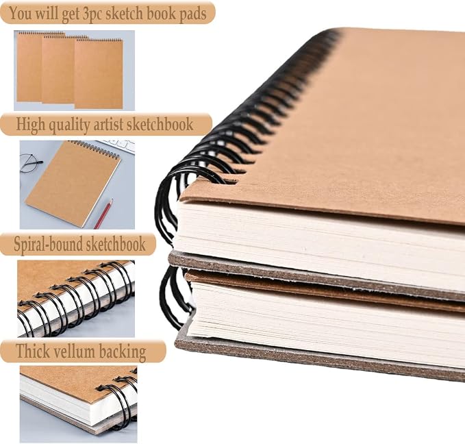 Sketch Book Pad, Drawing Paper 9" x 12" Spiral Bound (98lb/160gsm), 90 Sheets, Pack of 3, Durable Acid Free Sketchbook for Painting (3 Pack- 9"X12")